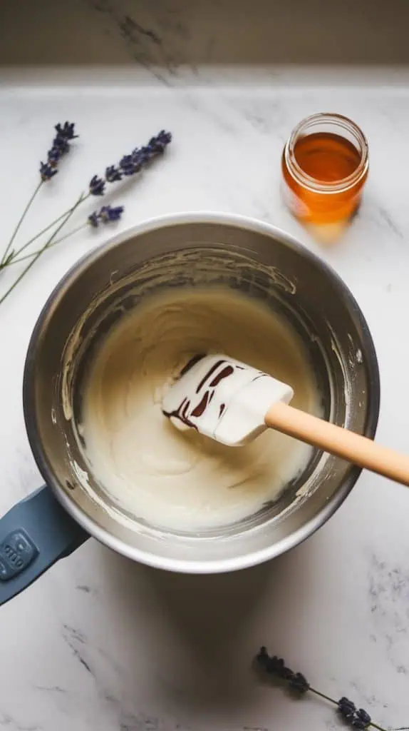 A heatproof mixing bowl on white marble counters, with melted white chocolate being stirred with a rubber spatula