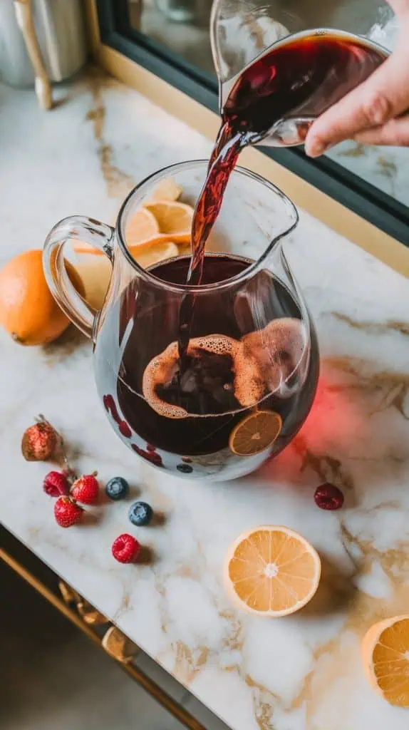A large glass pitcher on a marble counter being filled with red wine, cooled coffee, orange juice, and coffee liqueur, with citrus slices and berries nearby. 