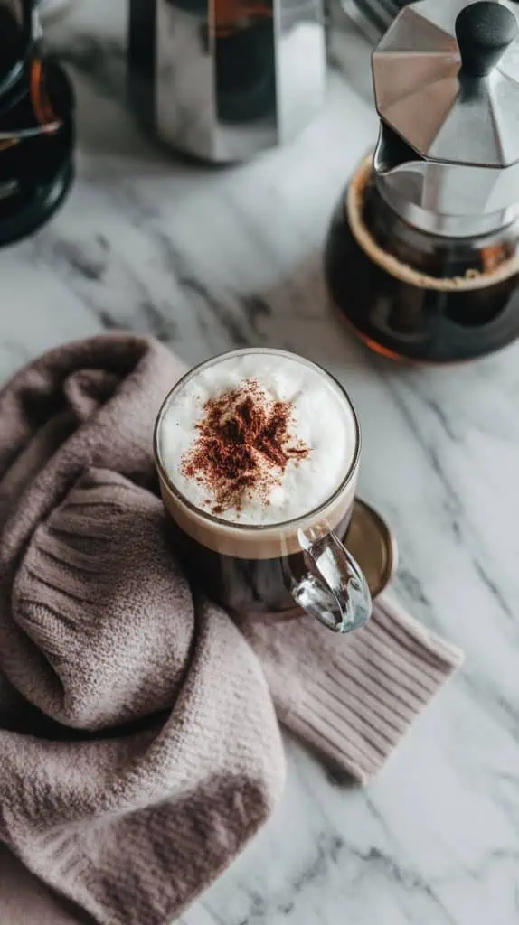 A finished glass mug of Irish coffee topped with a fluffy layer of whipped cream, garnished with a sprinkle of cocoa powder, set on a marble counter with a cozy knit scarf and a coffee pot in the background. 