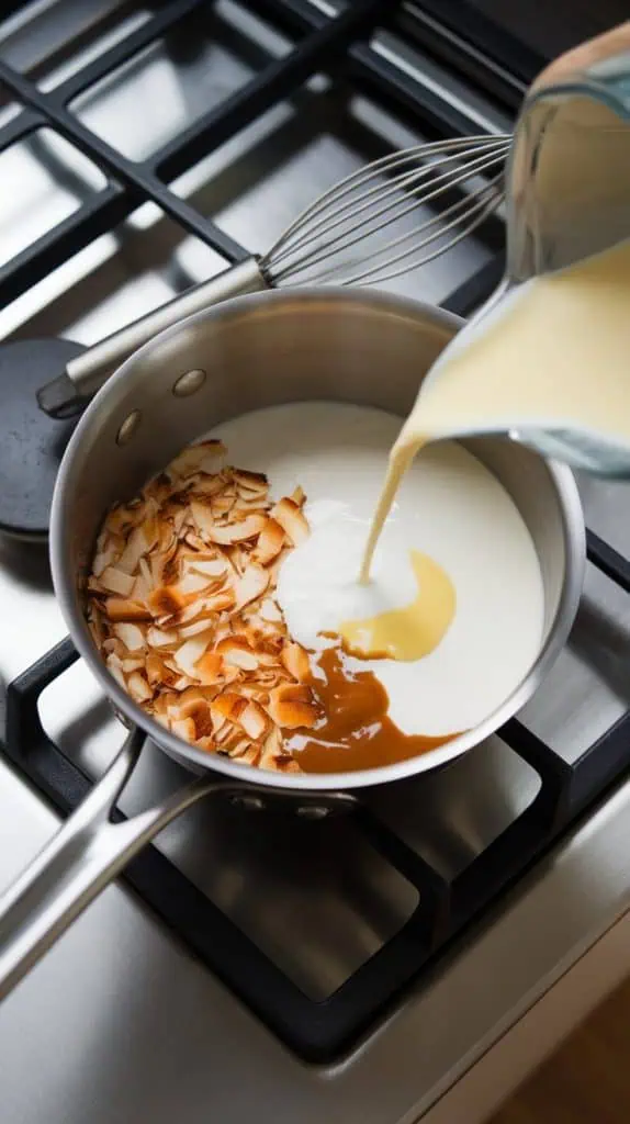 A medium saucepan on a modern stainless steel gas stove with  toasted coconut, heavy cream, milk, and sweetened condensed milk being po