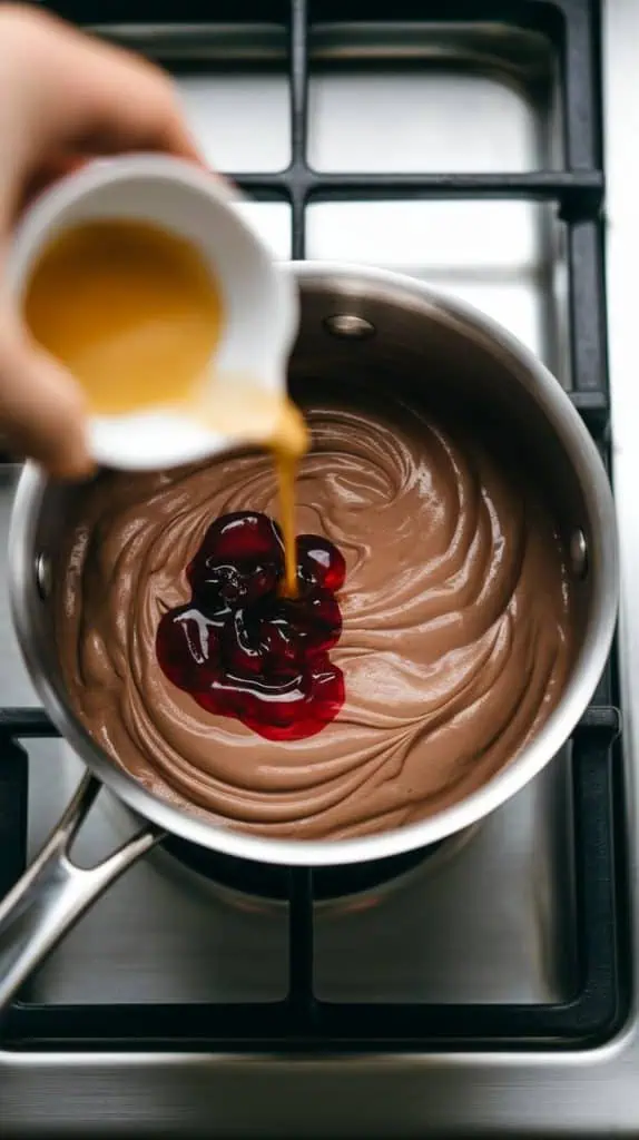 A saucepan off the heat with vanilla extract, almond extract, and cherry syrup being added to the warm mixture