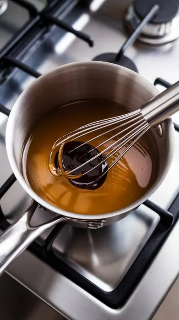 dark vanilla extract and clear almond extract being stirred into golden syrup