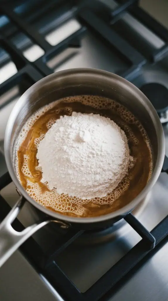 powdered milk sitting on top of warm syrup in a sauce pan