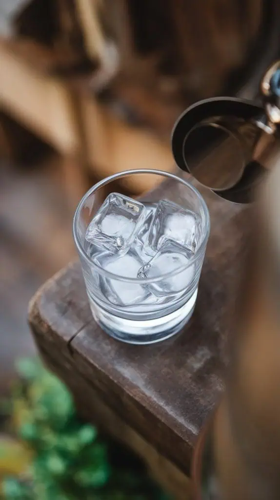 A sleek rocks glass being filled with clear ice cubes, set on a marble counter with bottles of vodka, coffee liqueur, and hazelnut liqueur nearby.