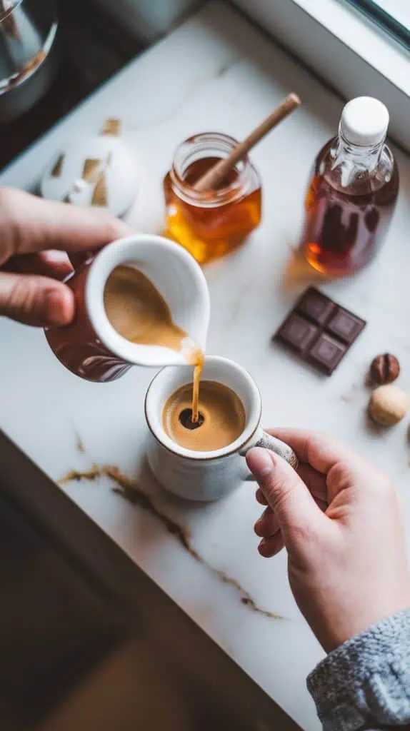  small espresso cup of freshly brewed espresso being poured into a ceramic mug, with a honey jar, hazelnut syrup bottle, and chocolate nearby on a white marble counter with hints of gold