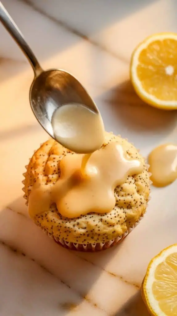 a spoon drizzling just a little of Meyer lemon glaze over a Poppy Seed Muffin
