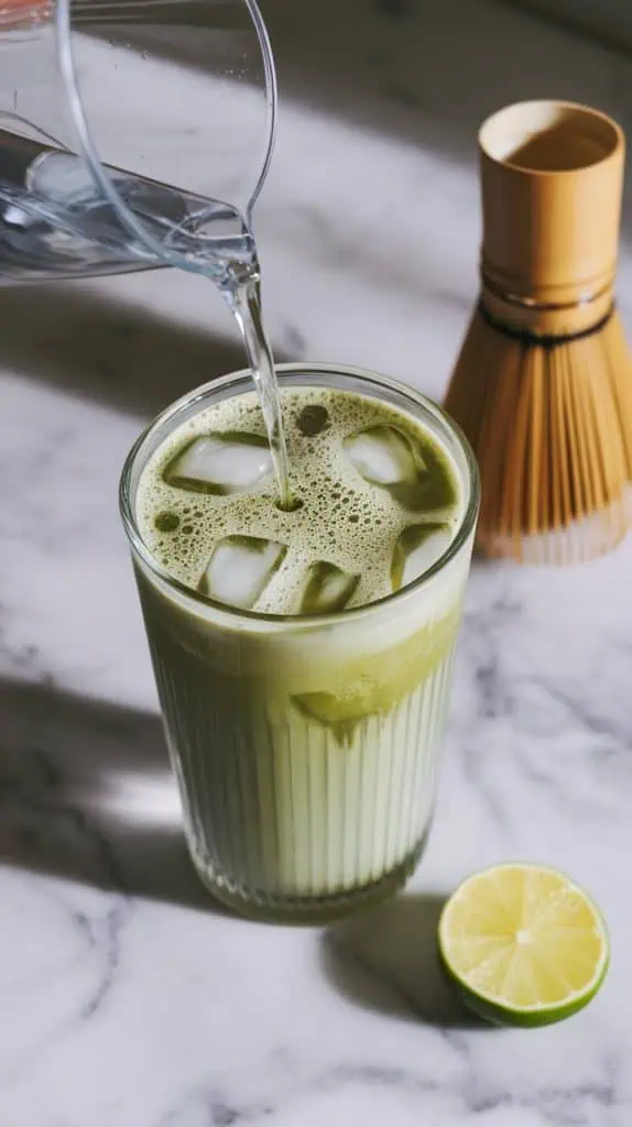 A tall glass with frothy matcha with ice cubes, with cold water being added.