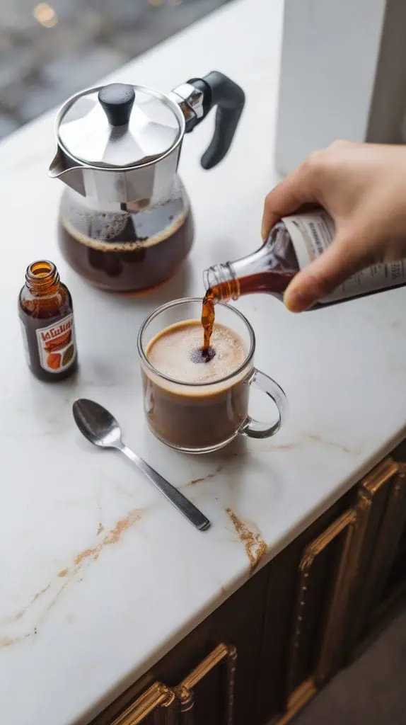 A hand pouring Kahlúa from a small bottle into a clear glass mug of hot coffee, with a bowl of brown sugar and a spoon nearby.