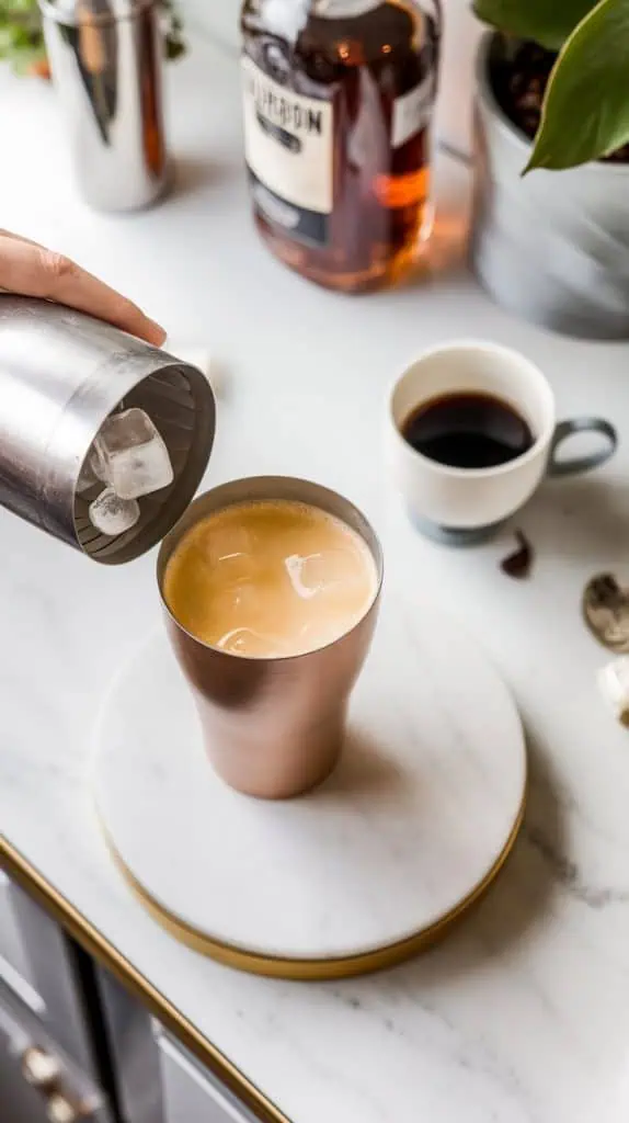 A cocktail shaker being opened to add ice cubes, with bourbon and coffee nearby on a white marble counter with hints of gold. 