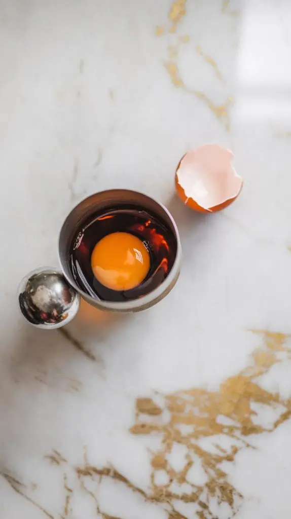 A cocktail shaker with bourbon, cooled coffee, simple syrup, and a cracked egg being added, with the egg shell nearby on a white marble counter with hints of gold. 