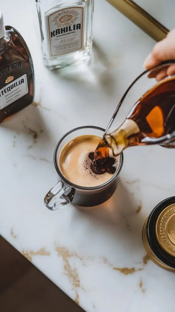 A mug of coffee with tequila and Kahlúa being poured in, with bottles of tequila and Kahlúa nearby. 