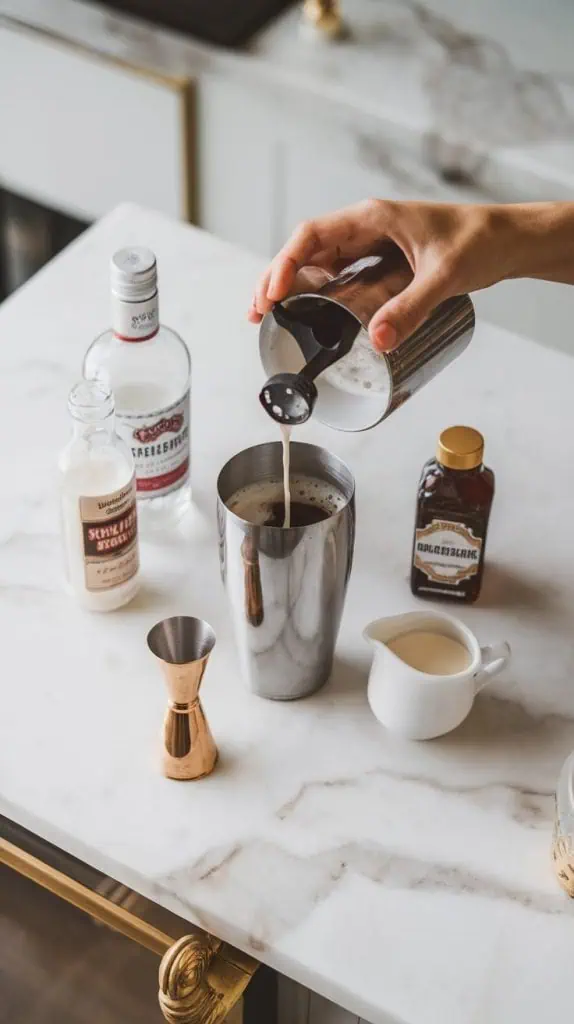 A cocktail shaker being filled with vodka, vanilla liqueur, chilled espresso, and a splash of heavy cream, using a jigger for measurements. 