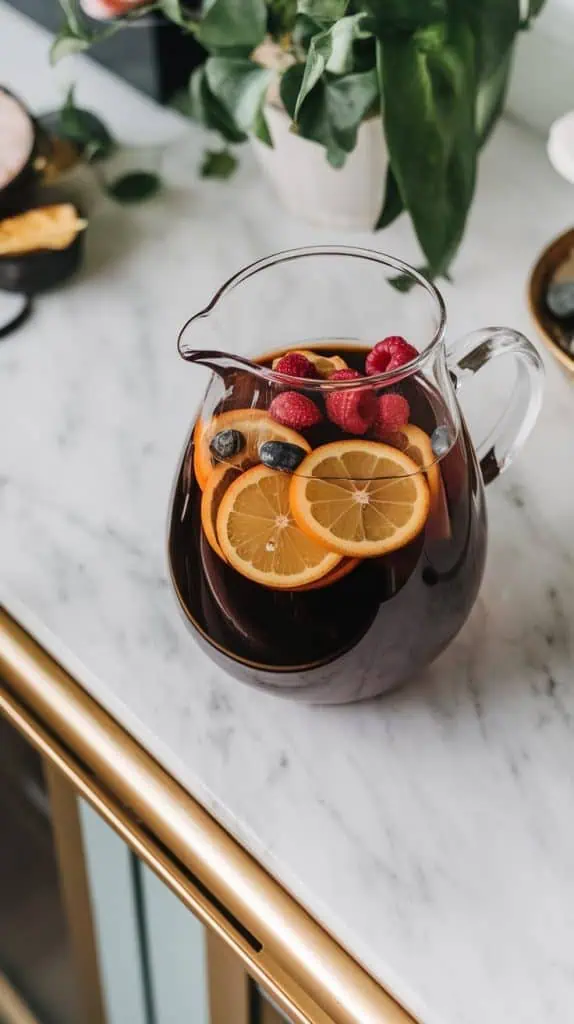 A large glass pitcher filled with a dark coffee-wine blend, with orange and lemon slices floating on top and fresh berries being added.
