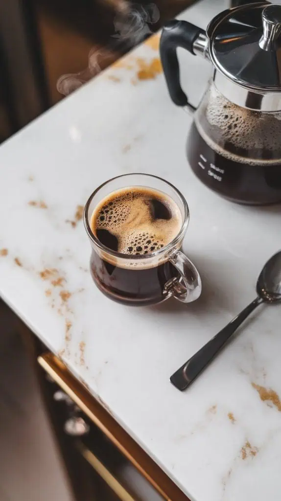 A clear glass mug filled with freshly brewed steaming coffee, with a coffee pot and a spoon nearby on a white marble counter with hints of gold.