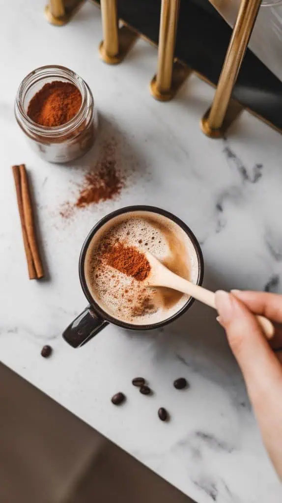 A mug of coffee with a dusting of ground cinnamon being stirred in with a wooden spoon. 