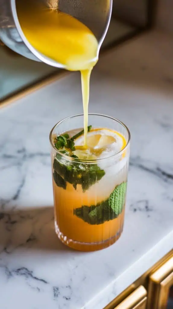 Meyer lemon juice being poured into a tall glass with muddled mint, sugar, and rum