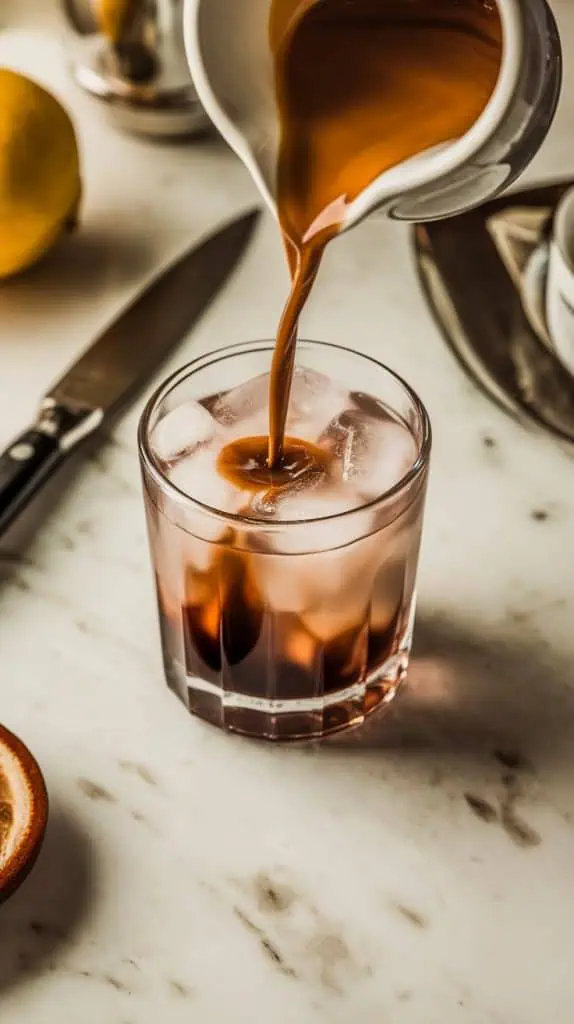 A short rocks glass filled with ice and Licor 43 as a steaming shot of espresso is being poured into it, creating swirls of color in the drink. 