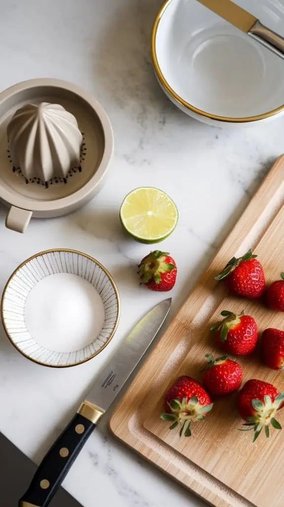 fresh strawberries being hulled with a small knife on a wooden cutting board