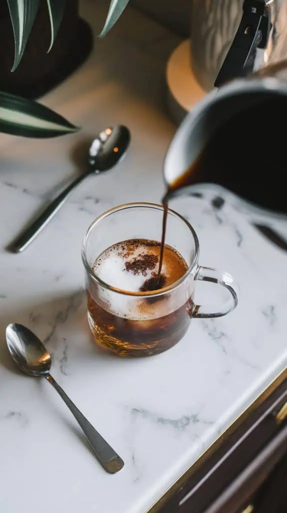 A glass mug with sugar and whiskey at the bottom as steaming black coffee is poured in, with a spoon and coffee pot nearby.