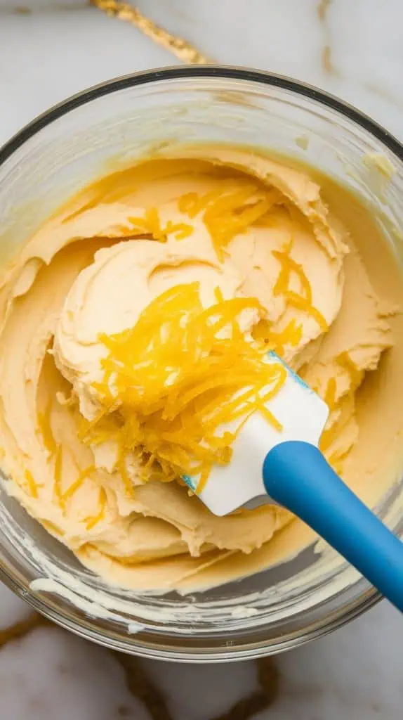 lemon zest and juice being folded into creamy butter mixture
