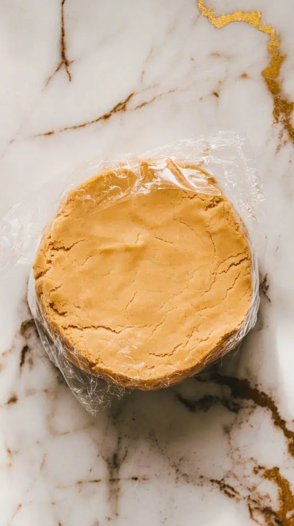 smooth shortbread dough wrapped in plastic wrap on a countertop, ready for chilling