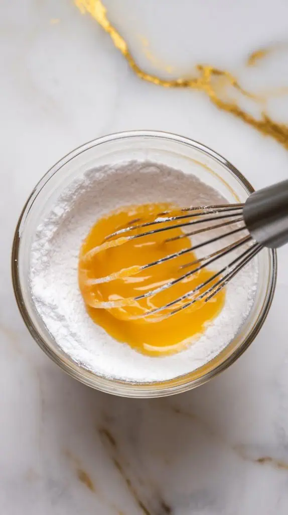 Ultra close-up of powdered sugar being whisked with  lemon juice in a small glass bowl