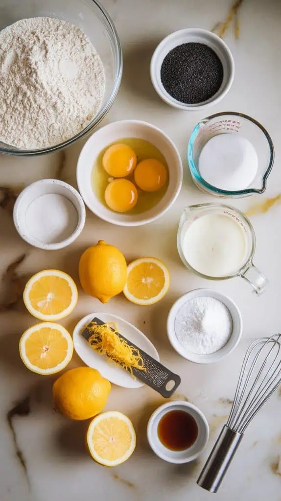 all the ingredients for Meyer Lemon Poppy Seed Muffins 