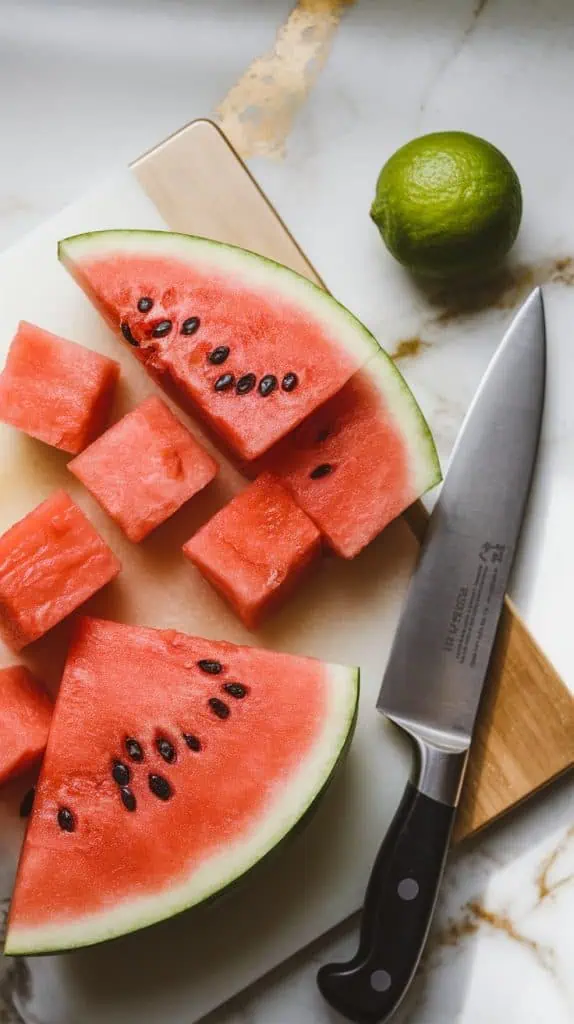 A top-down shot of fresh peeled watermelon chunks on a cutting board with a sharp knife and a lime next to it