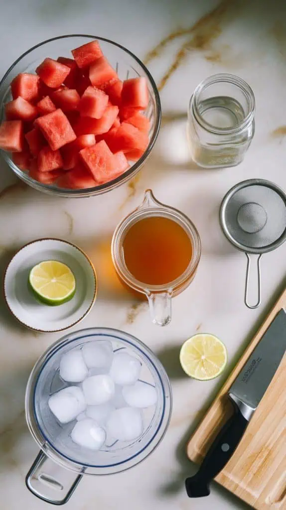 A top-down shot of fresh watermelon chunks in a glass bowl, white rum stored in a small clear jar, simple syrup in a small glass dish, a whole lime with a cut lime half on a small plate, and ice cubes in a small clear bowl