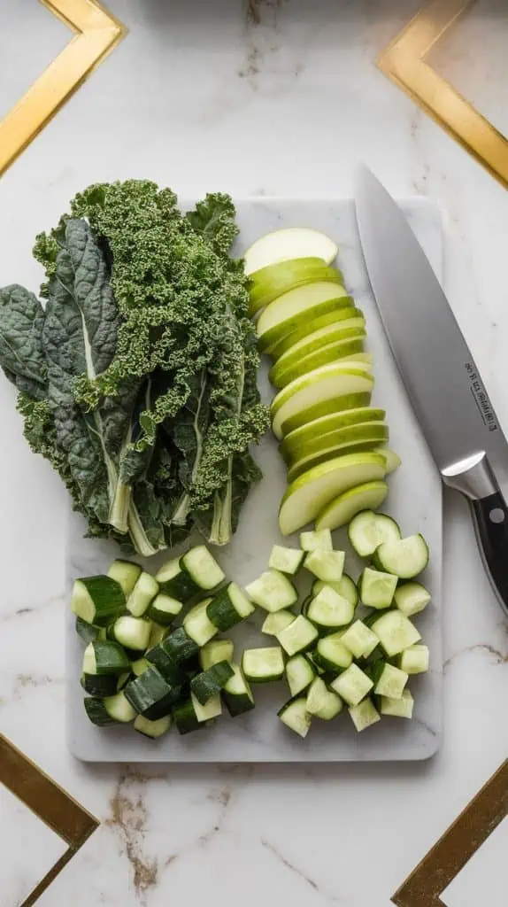 kale leaves, sliced green apple, and chopped cucumber neatly arranged on a cutting board 