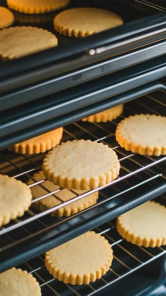 Meyer lemon shortbread cookies baking in the oven, edges starting to turn golden