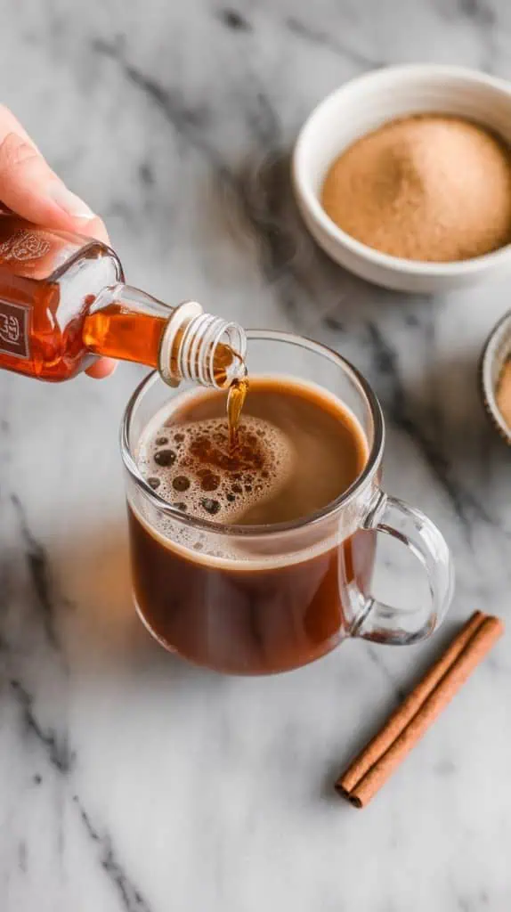 A hand pouring spiced rum from a small bottle into a clear glass mug of hot coffee, with a bowl of brown sugar and a cinnamon stick nearby