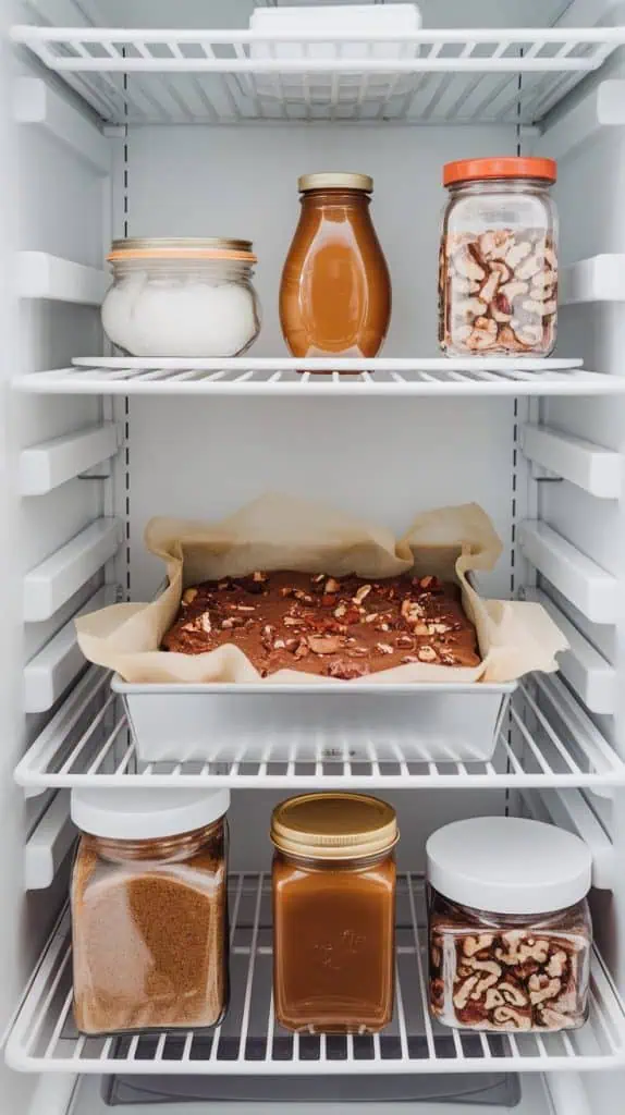 An 8x8 pan of turtle fudge resting in a modern stainless steel fridge, with layers of chocolate fudge and caramel visible. 