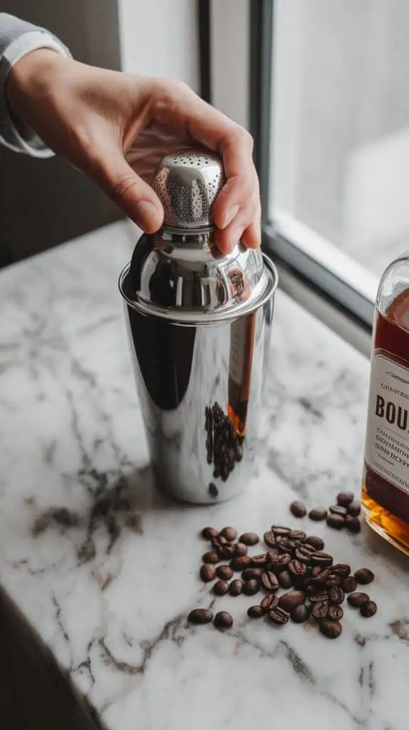A hand shaking a cocktail shaker vigorously, with the lid tightly on, set on a marble counter with scattered coffee beans and a bottle of bourbon nearby. 