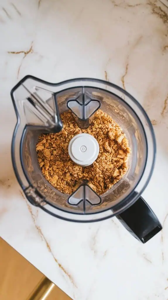 a blender on a white marble counter with hints of gold, filled with grounded unsalted pistachios
