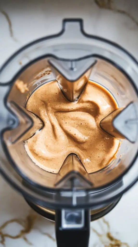 a blender mid-blend, showing the golden smoothie swirling into a thick, creamy consistency