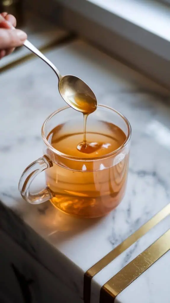 a clear mug being filled with golden ginger tea, honey being drizzled into the tea