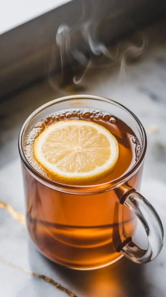 a finished mug of ginger lemon honey tea