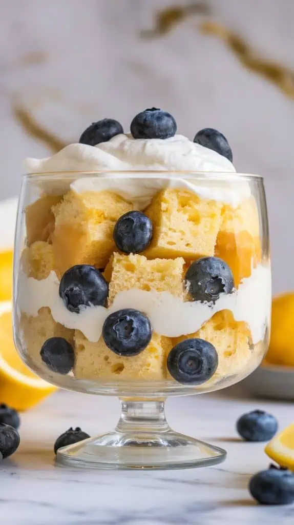 a glass bowl being layered with cubes of golden pound cake, a glossy spread of Meyer lemon curd, and dollops of whipped cream