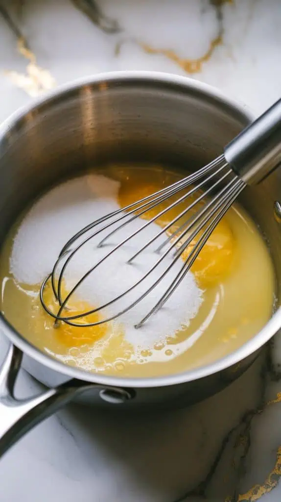 medium saucepan with a whisk mixing sugar, eggs, salt, Meyer lemon juice, and zest into a pale yellow mixture