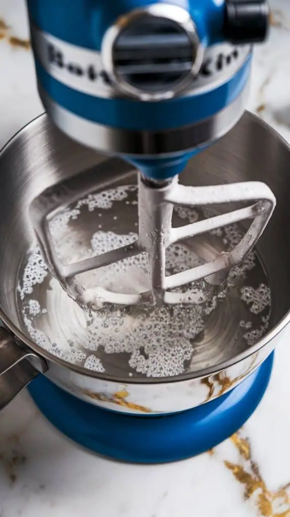 a metal stand mixer bowl containing gelatin blooming in cold water