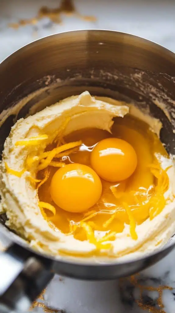 Ultra close-up of a mixing bowl with eggs being mixed into creamed butter and sugar.