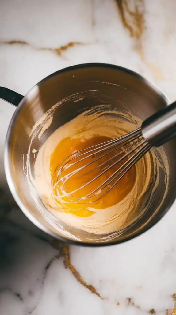a mixing bowl with whisked egg yolks and sugar
