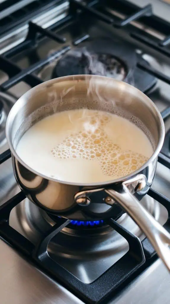 a saucepan with milk and cream steaming gently, with small bubbles forming at the edges, on a modern stainless steel gas stove with all natural lighting