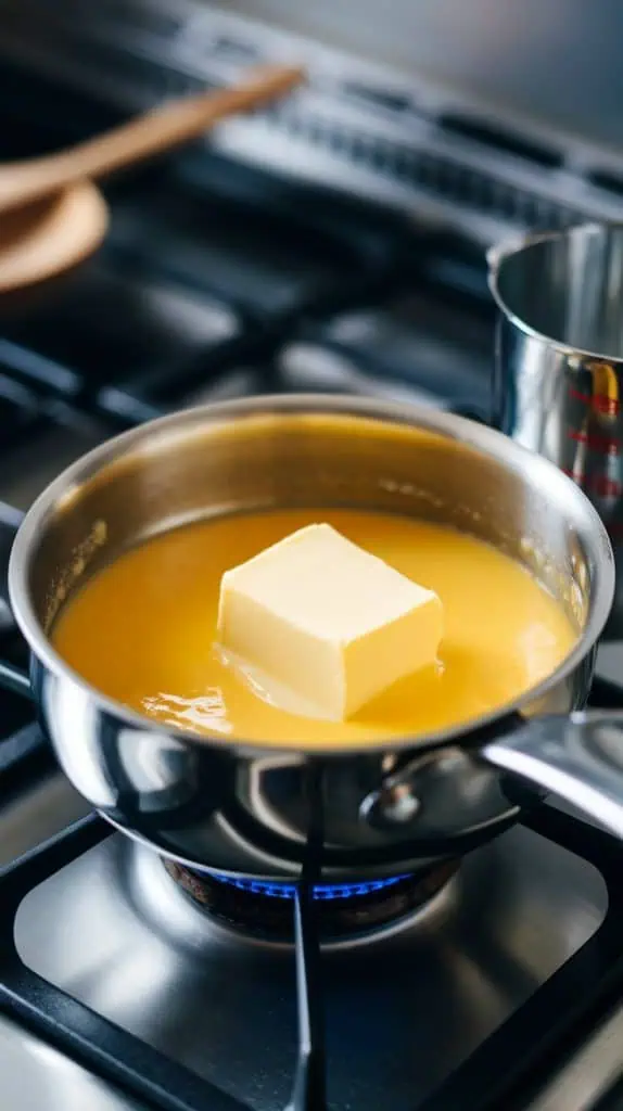 small cube of butter melting into the warm Meyer lemon curd in a saucepan