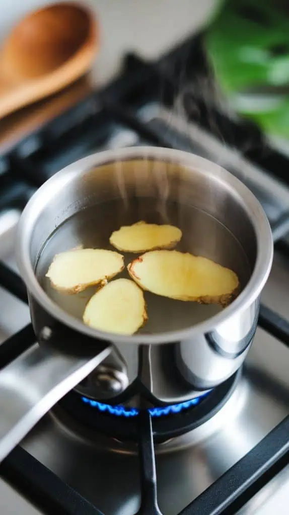 small pot on a modern stainless steel gas stove, ginger slices simmering in clear water with gentle steam rising