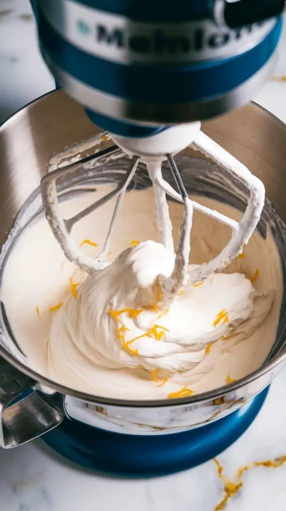 a stand mixer bowl with fluffy marshmallow mixture being whipped, soft peaks forming, flecks of Meyer lemon zest visible