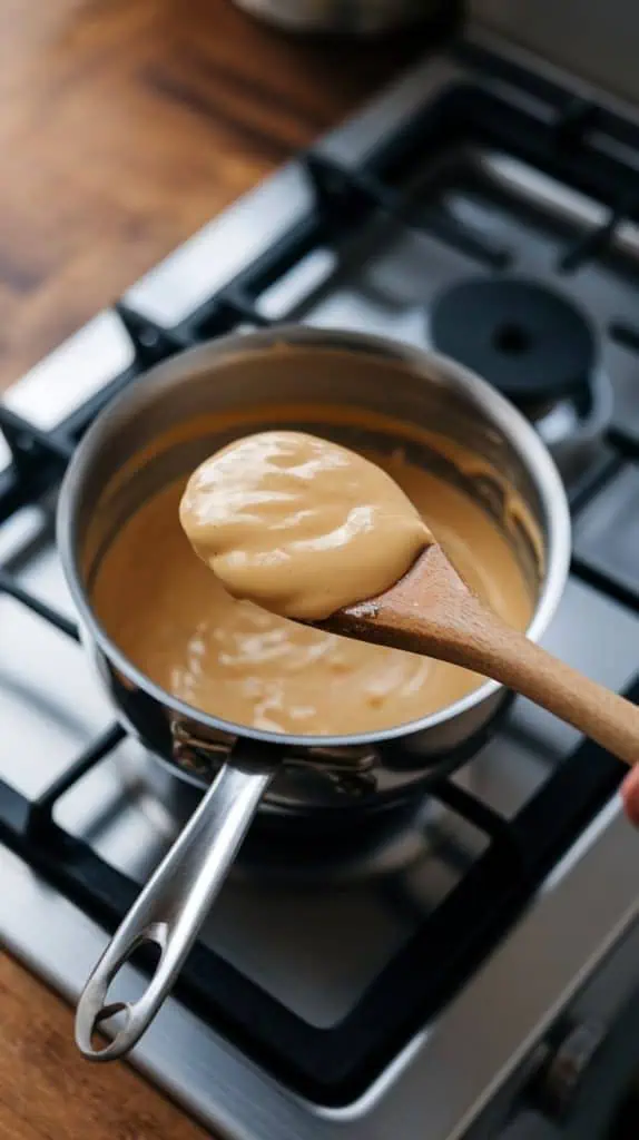 a wooden spoon coated with thickened custard, creamy and glossy