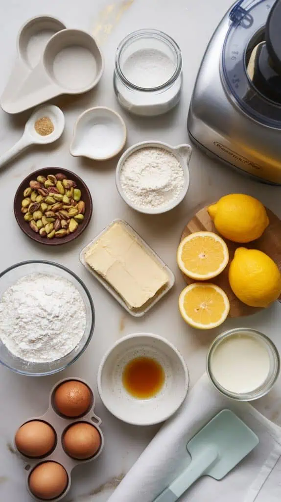 "Ultra close-up of all ingredients for pistachio and Meyer lemon mousse cakes, including shelled pistachios, powdered sugar, butter, flour, Meyer lemons (whole and cut), eggs, heavy cream, and vanilla, along with tools like a food processor, mixing bowls, silicone muffin molds, and a spatula, all arranged neatly on white marble counters with hints of gold, natural lighting, taken with an iPhone 15 Pro from a top-down perspective."