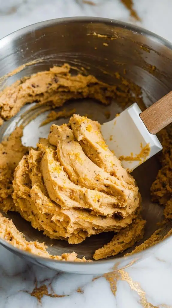 Ultra close-up of cookie dough being mixed with a spatula in a large bowl